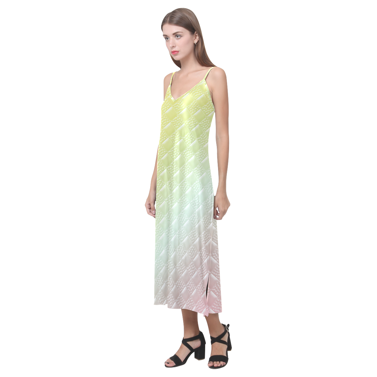 Soft Rainbow Square V-Neck Open Fork Long Dress(Model D18)
