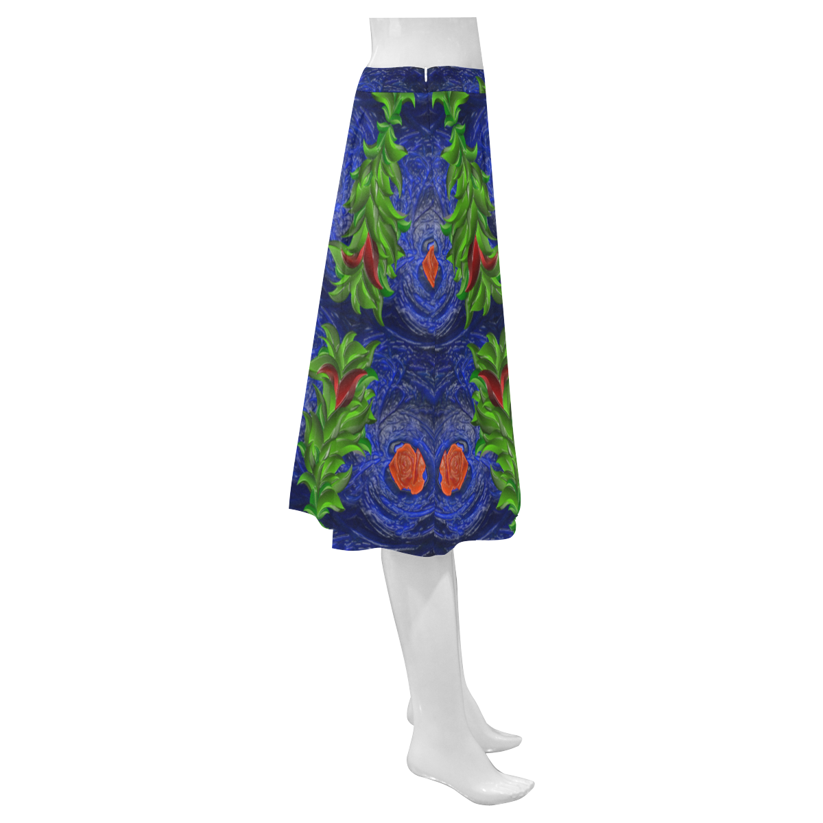 Roses on blue fractal with green leaves Mnemosyne Women's Crepe Skirt (Model D16)