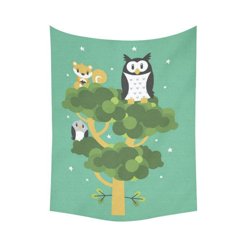 Beautiful Owl Squirrel Bird Tree Forest Animals Cotton Linen Wall Tapestry 60"x 80"