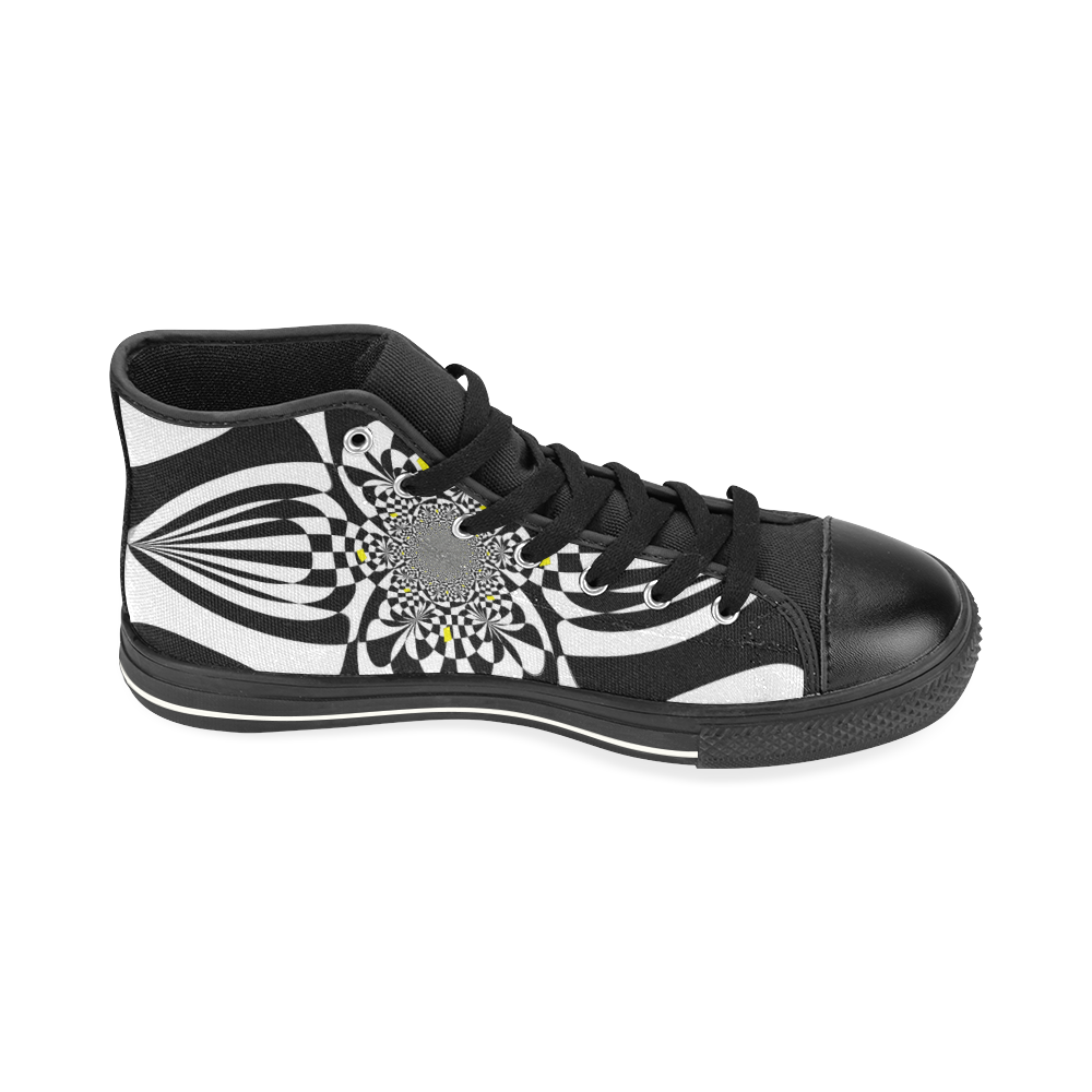 Black and White Check Flower High Top Canvas Women's Shoes/Large Size (Model 017)