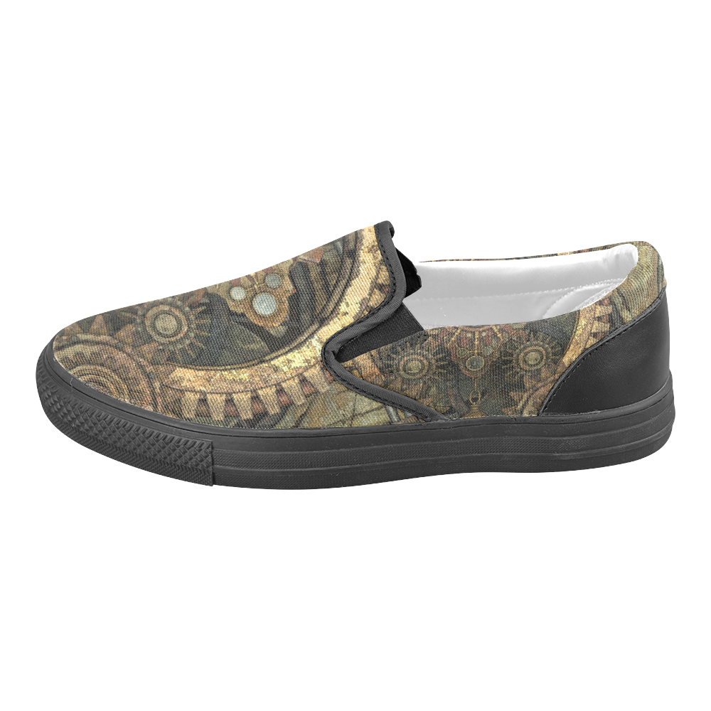 Rusty vintage steampunk metal gears and pipes Women's Unusual Slip-on Canvas Shoes (Model 019)