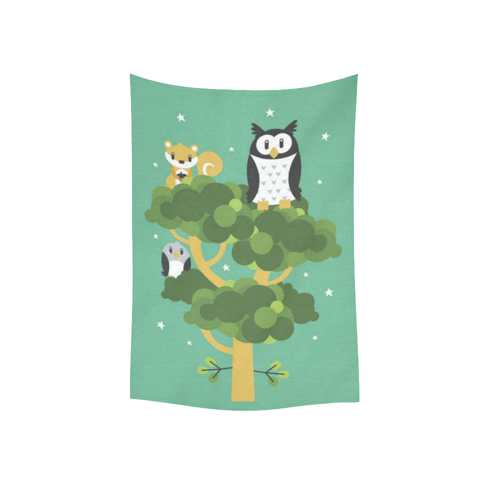 Beautiful Owl Squirrel Bird Tree Forest Animals Cotton Linen Wall Tapestry 40"x 60"