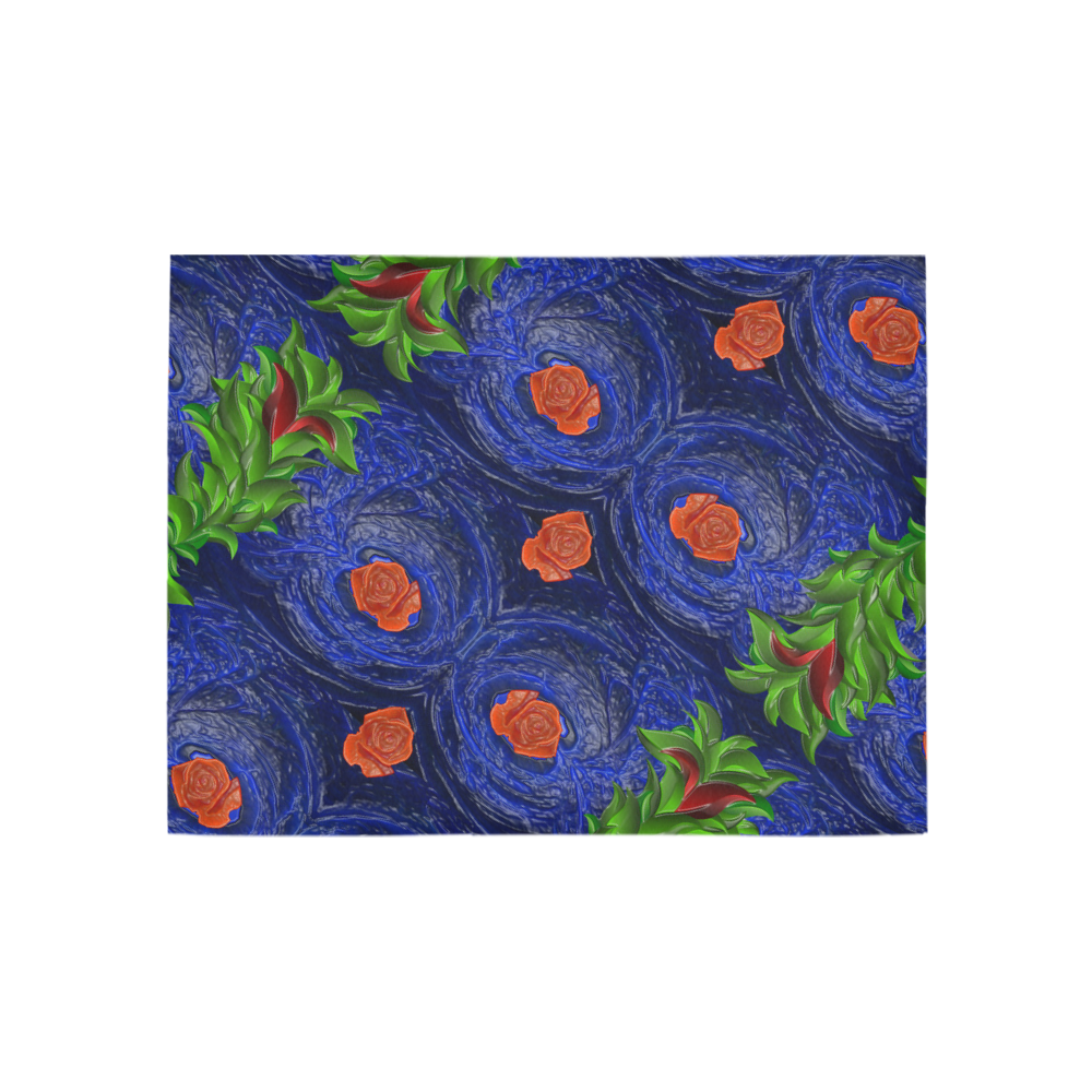 Roses on blue fractal with green leaves Area Rug 5'3''x4'