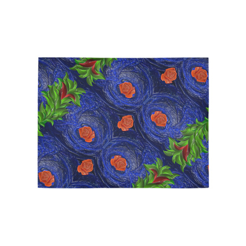 Roses on blue fractal with green leaves Area Rug 5'3''x4'