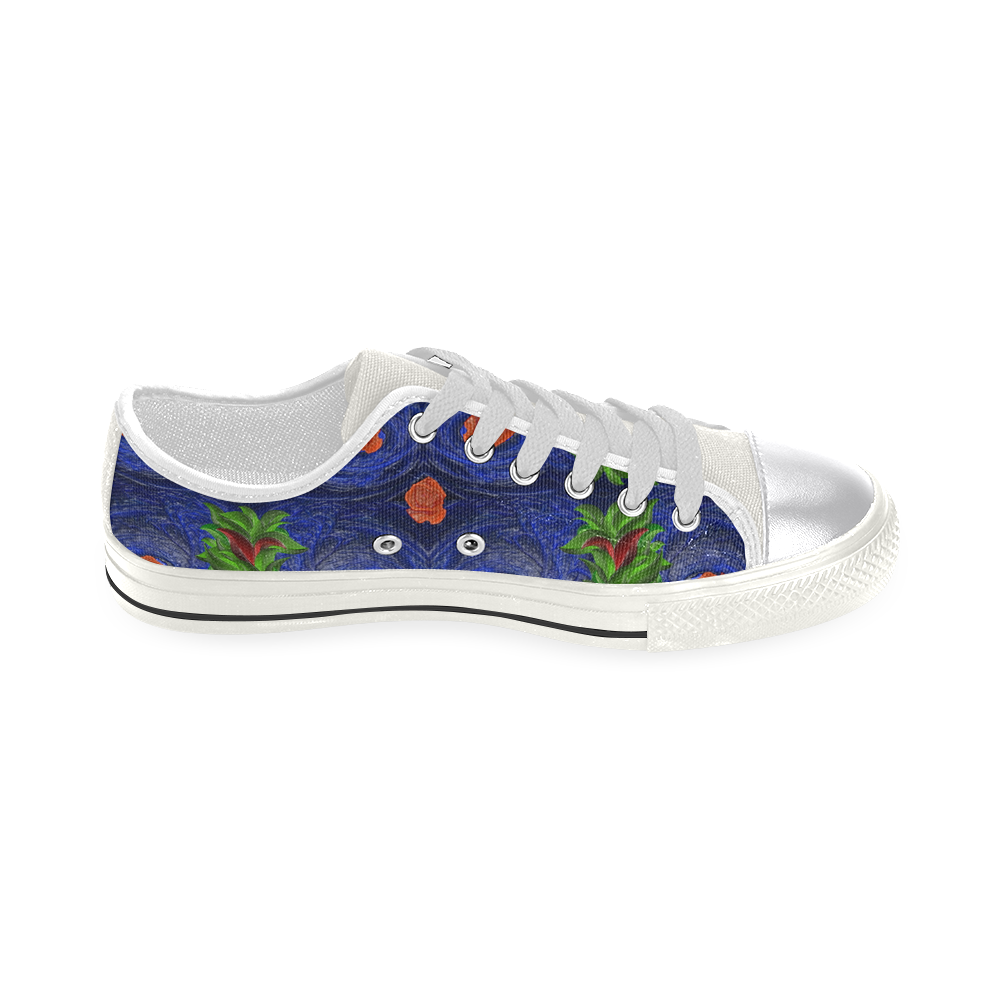 Roses on blue fractal with green leaves Canvas Women's Shoes/Large Size (Model 018)