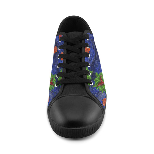 Roses on blue fractal with green leaves Canvas Shoes for Women/Large Size (Model 016)