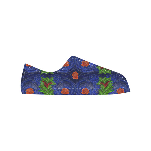 Roses on blue fractal with green leaves Canvas Women's Shoes/Large Size (Model 018)