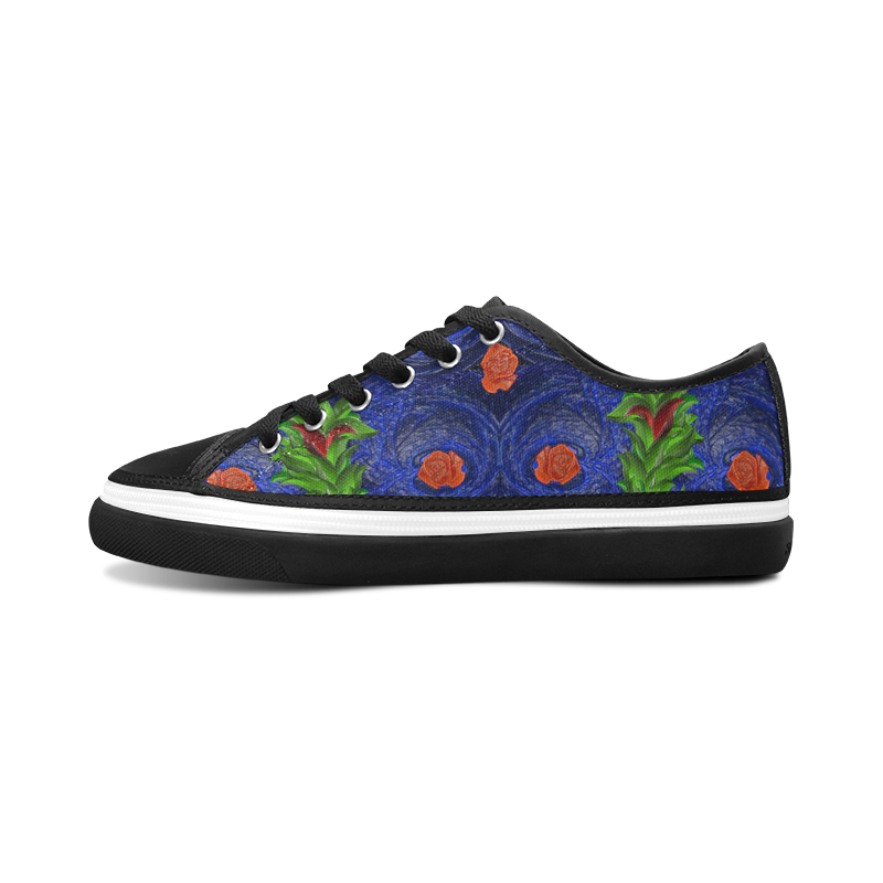 Roses on blue fractal with green leaves Women's Canvas Zipper Shoes/Large Size (Model 001)