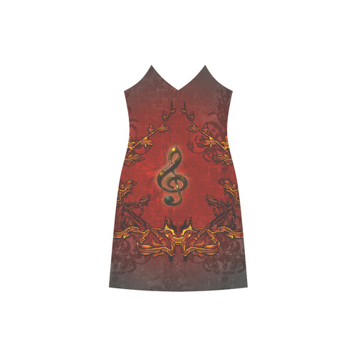 Music, clef and red floral elements V-Neck Open Fork Long Dress(Model D18)