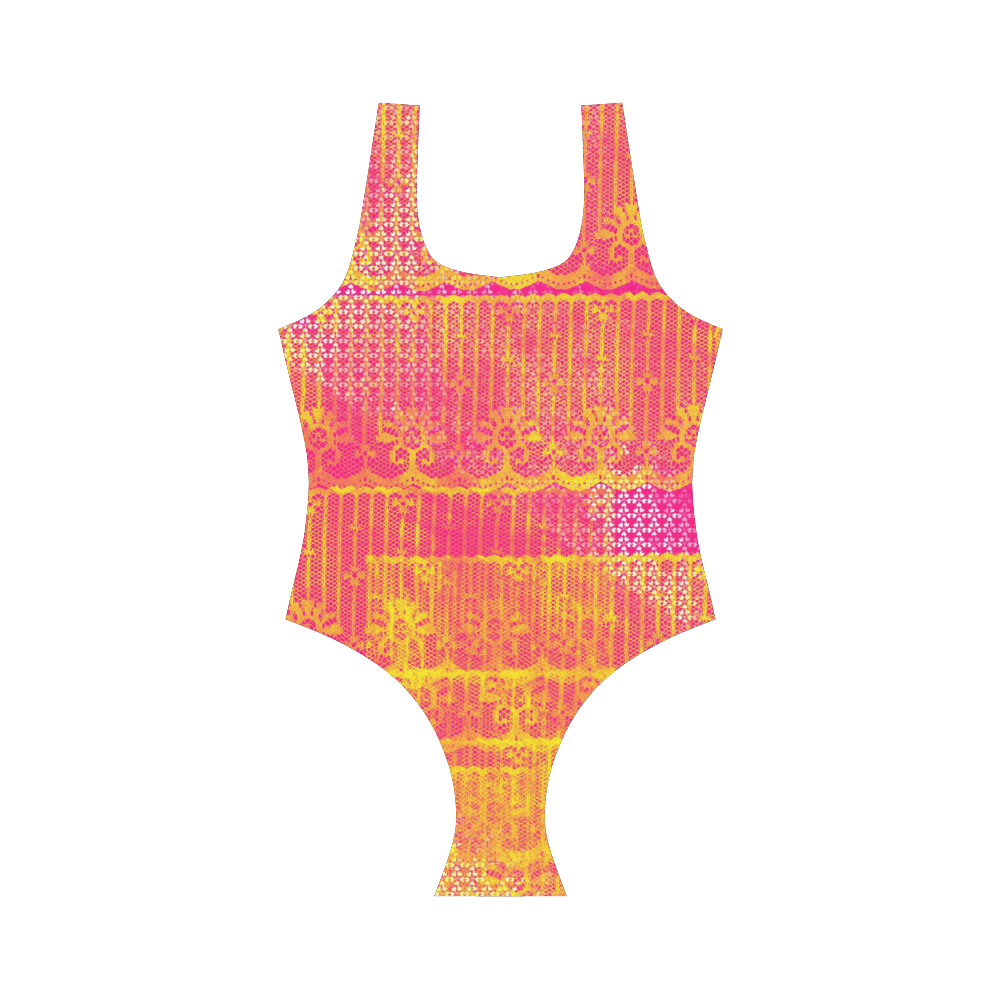 Yellow and Magenta Lace Texture Vest One Piece Swimsuit (Model S04)