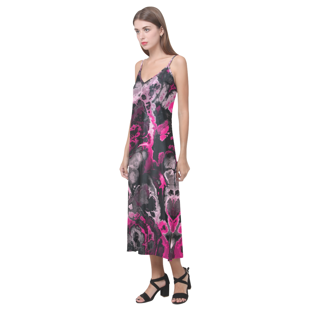 hot pink and black V-Neck Open Fork Long Dress(Model D18)