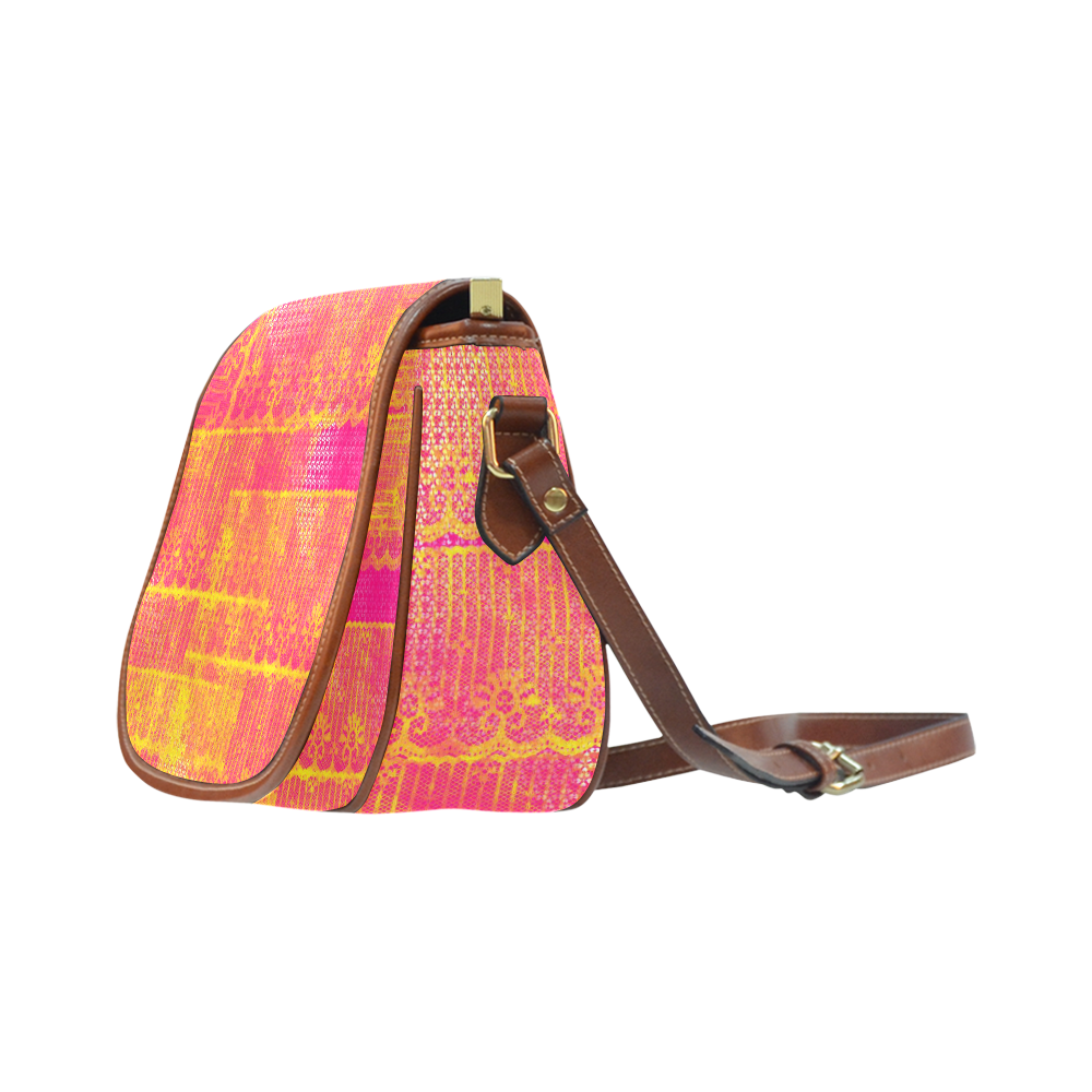 Yellow and Magenta Lace Texture Saddle Bag/Small (Model 1649) Full Customization