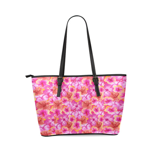 Hibiscus floral flowers flower-Cute pink pattern Leather Tote Bag/Small (Model 1640)