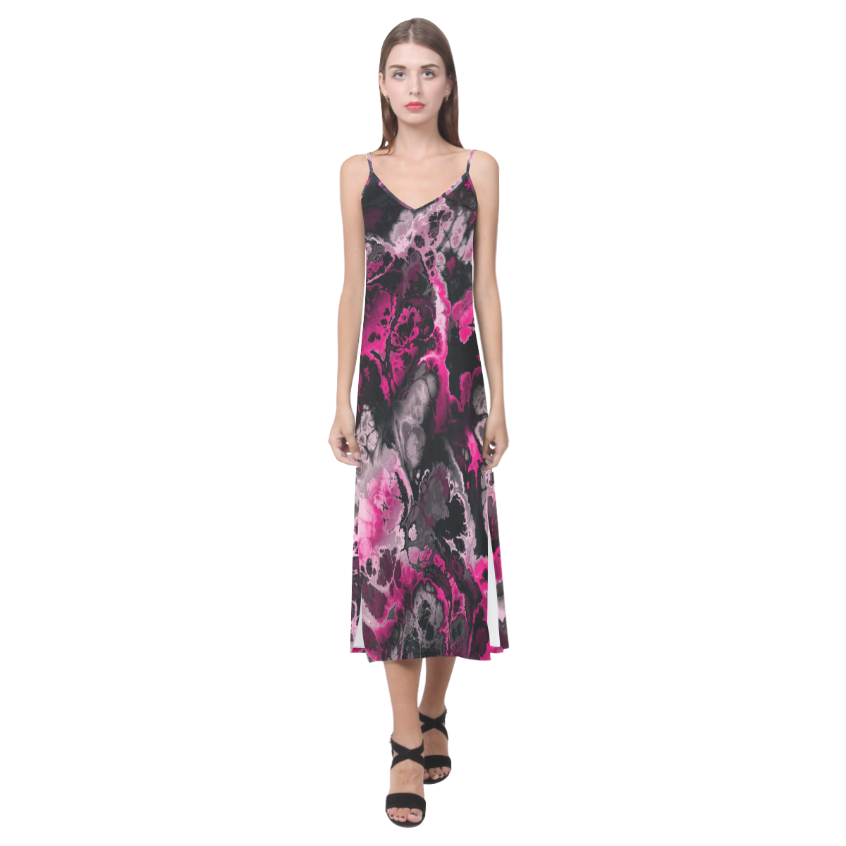 hot pink and black V-Neck Open Fork Long Dress(Model D18)