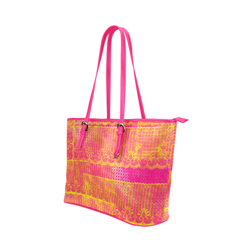 Yellow and Magenta Lace Texture Leather Tote Bag/Small (Model 1651)