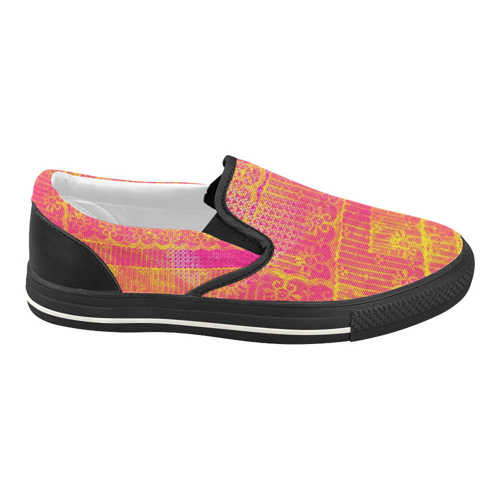 Yellow and Magenta Lace Texture Women's Slip-on Canvas Shoes (Model 019)