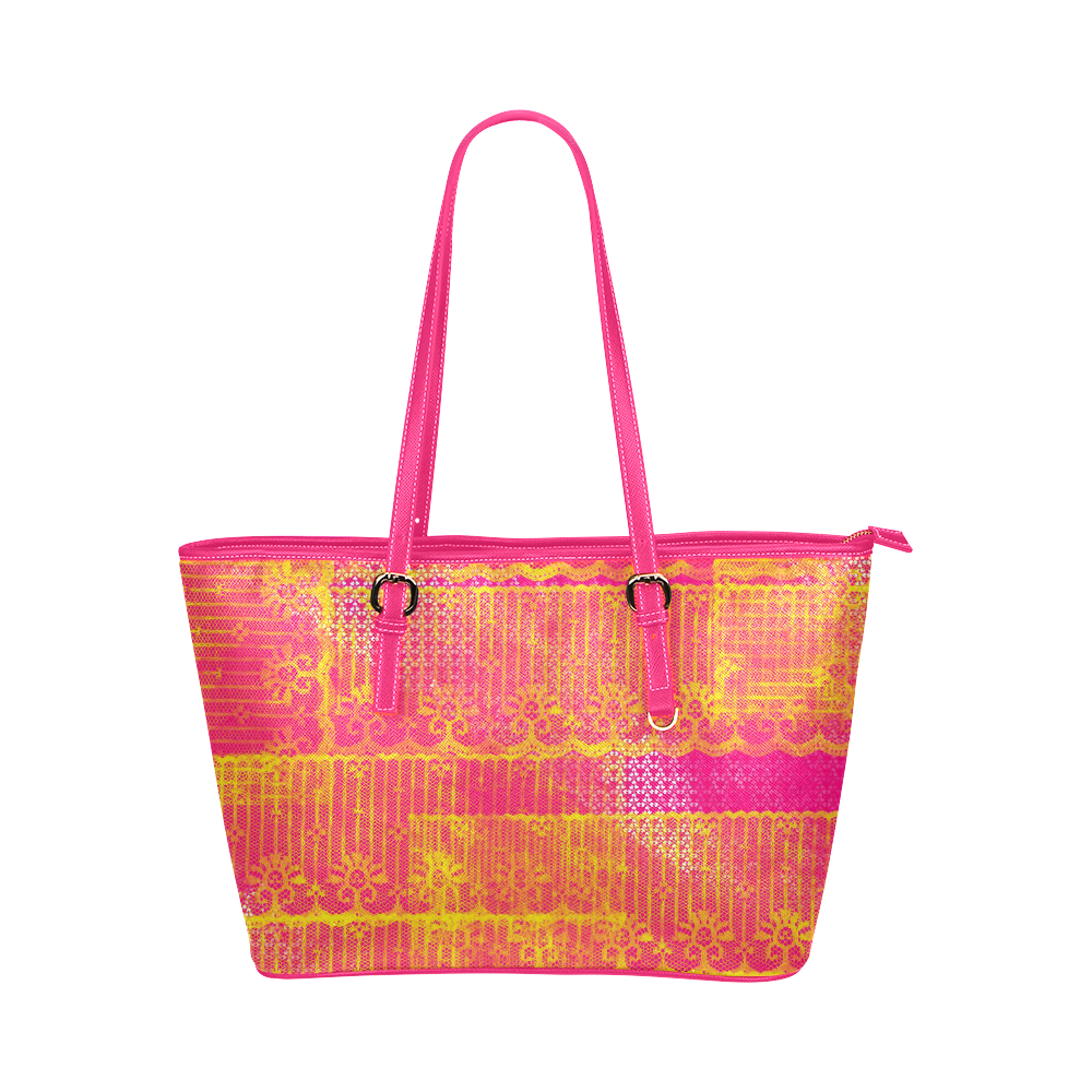 Yellow and Magenta Lace Texture Leather Tote Bag/Small (Model 1651)