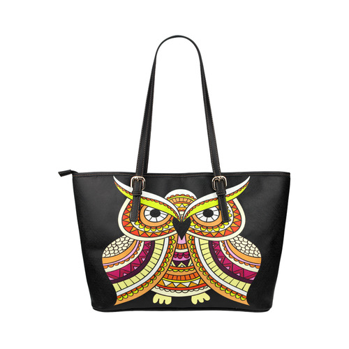 Yellow Green Red Ethnic Owl Nature Leather Tote Bag/Small (Model 1651)