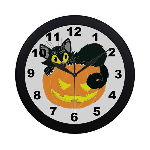 Halloween Black Cat And Pumpkin Circular Plastic Wall clock