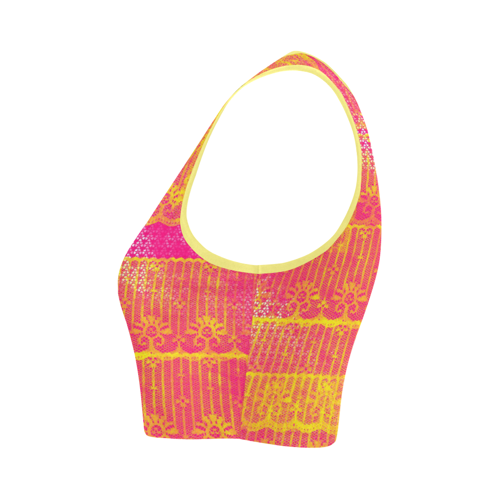 Yellow and Magenta Lace Texture Women's Crop Top (Model T42)