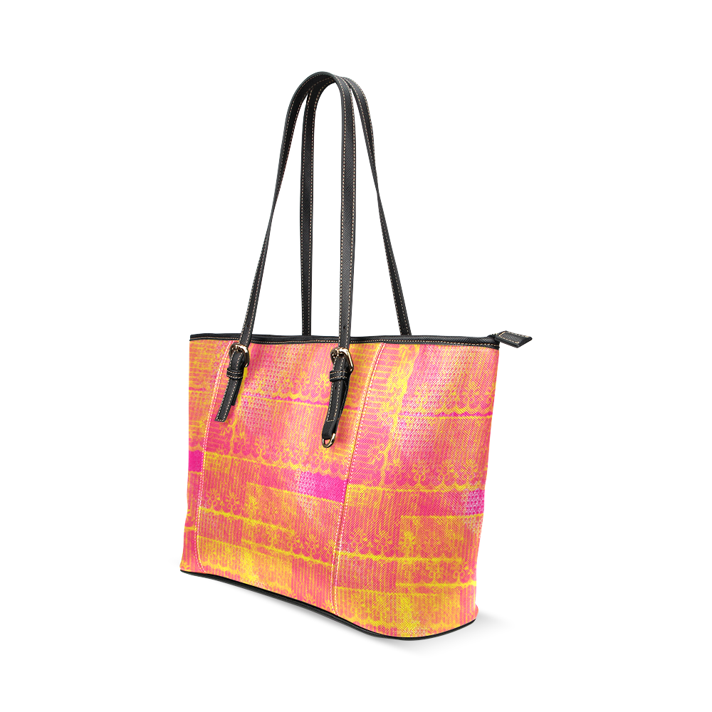 Yellow and Magenta Lace Texture Leather Tote Bag/Large (Model 1640)