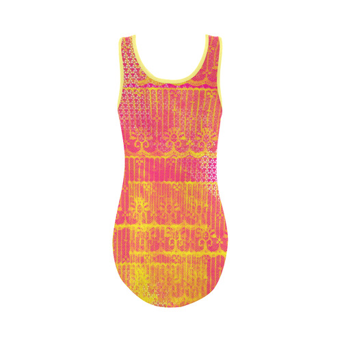 Yellow and Magenta Lace Texture Vest One Piece Swimsuit (Model S04)