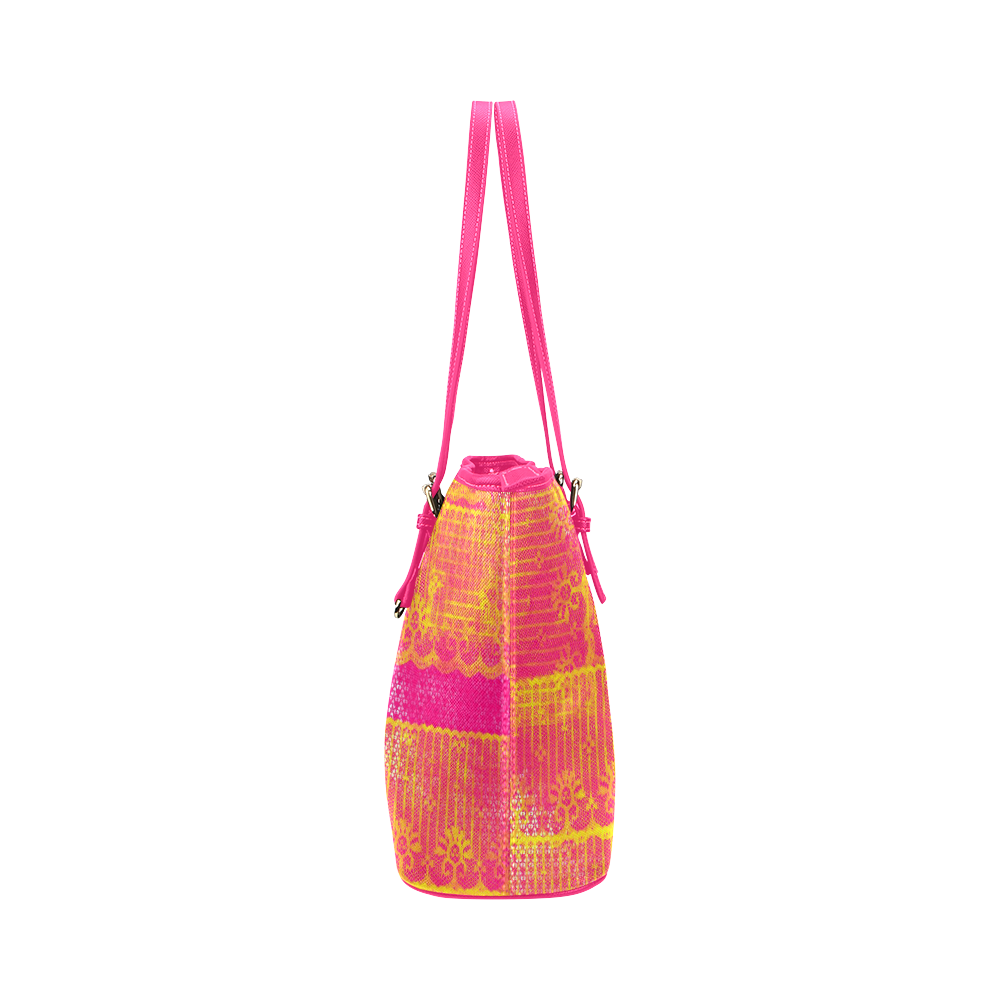 Yellow and Magenta Lace Texture Leather Tote Bag/Small (Model 1651)
