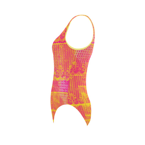 Yellow and Magenta Lace Texture Vest One Piece Swimsuit (Model S04)