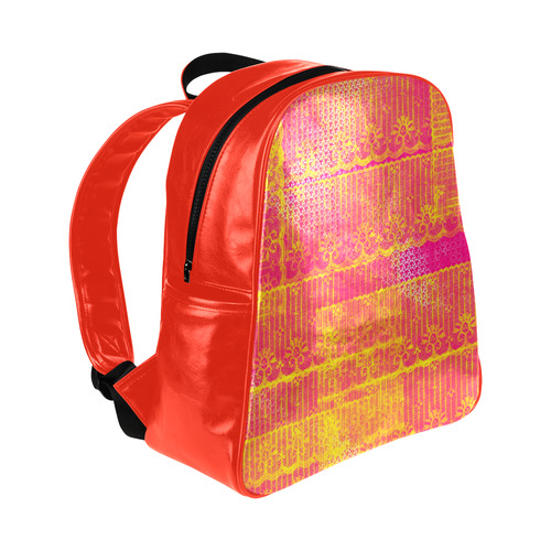 Yellow and Magenta Lace Texture Multi-Pockets Backpack (Model 1636)