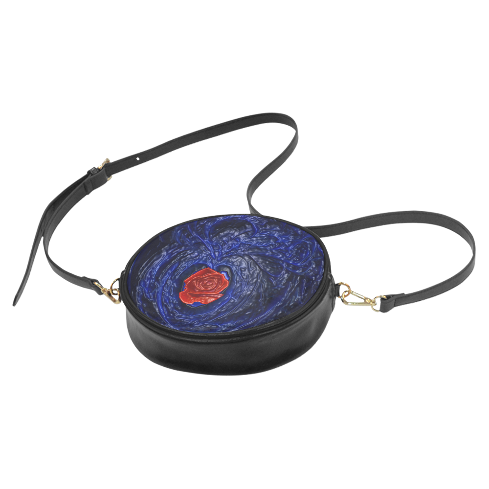 Blue fractal heart with red rose in plastic Round Sling Bag (Model 1647)