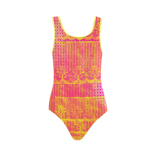 Yellow and Magenta Lace Texture Vest One Piece Swimsuit (Model S04)