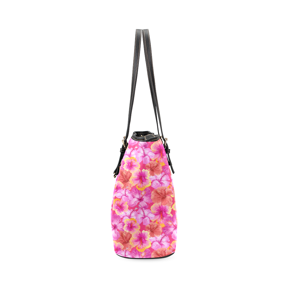 Hibiscus floral flowers flower-Cute pink pattern Leather Tote Bag/Small (Model 1640)