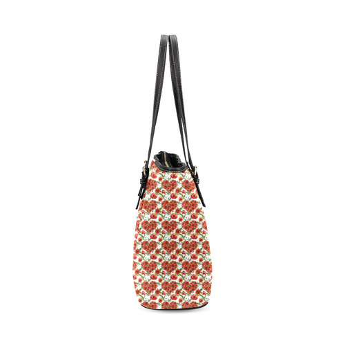Poppies Poppy flowers floral hearts pattern Leather Tote Bag/Small (Model 1640)