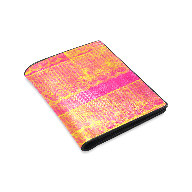 Yellow and Magenta Lace Texture Men's Leather Wallet (Model 1612)