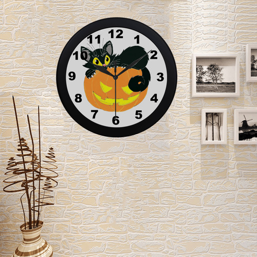 Halloween Black Cat And Pumpkin Circular Plastic Wall clock