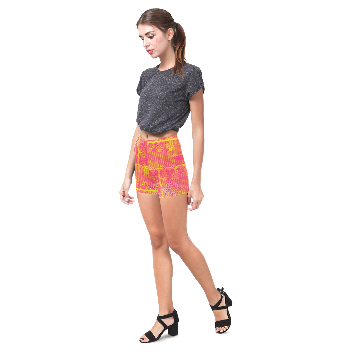 Yellow and Magenta Lace Texture Briseis Skinny Shorts (Model L04)