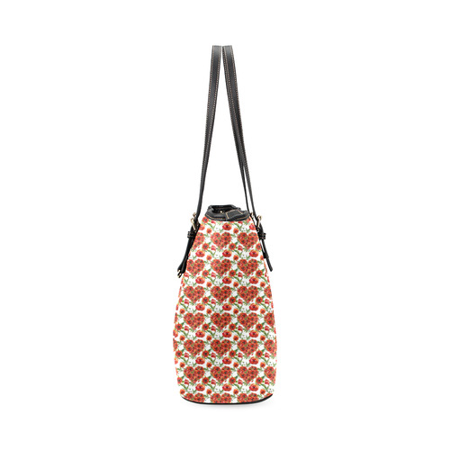 Poppies Poppy flowers floral hearts pattern Leather Tote Bag/Small (Model 1640)
