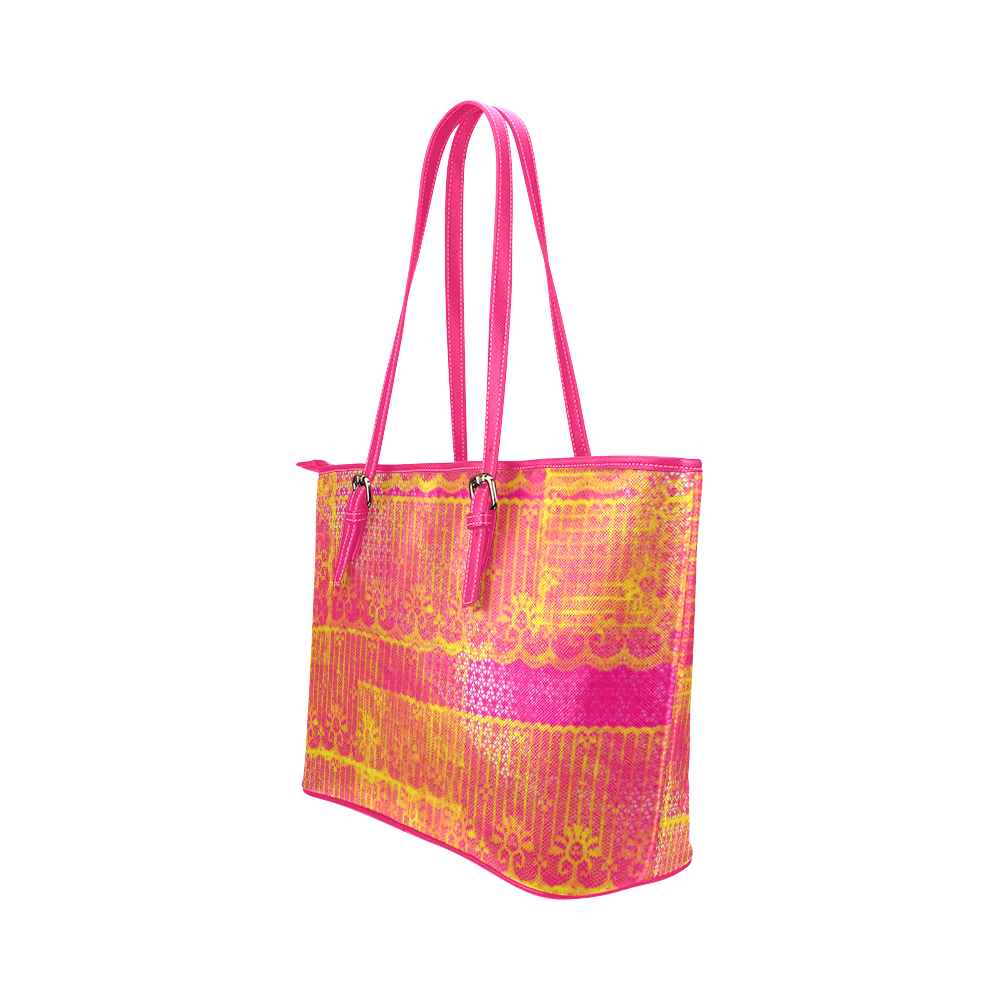Yellow and Magenta Lace Texture Leather Tote Bag/Large (Model 1651)