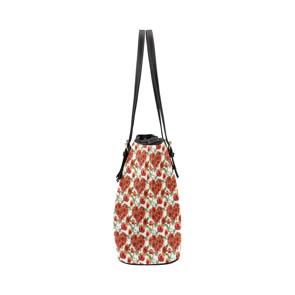 Poppies Poppy flowers floral hearts pattern Leather Tote Bag/Large (Model 1651)