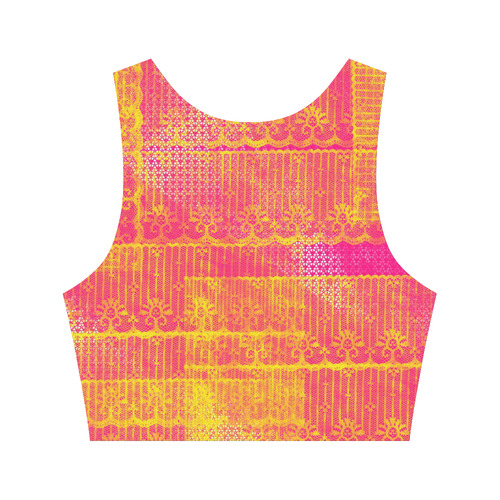 Yellow and Magenta Lace Texture Women's Crop Top (Model T42)