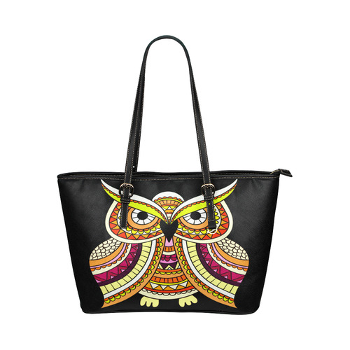Yellow Green Red Ethnic Owl Nature Leather Tote Bag/Small (Model 1651)