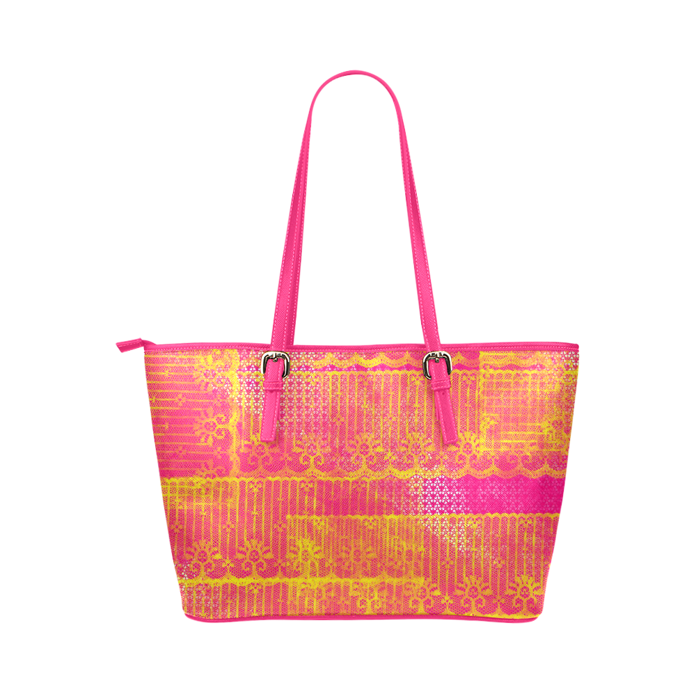 Yellow and Magenta Lace Texture Leather Tote Bag/Large (Model 1651)