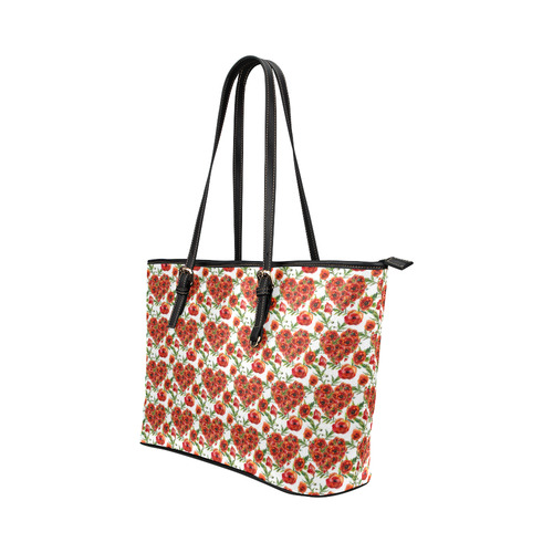 Poppies Poppy flowers floral hearts pattern Leather Tote Bag/Large (Model 1651)