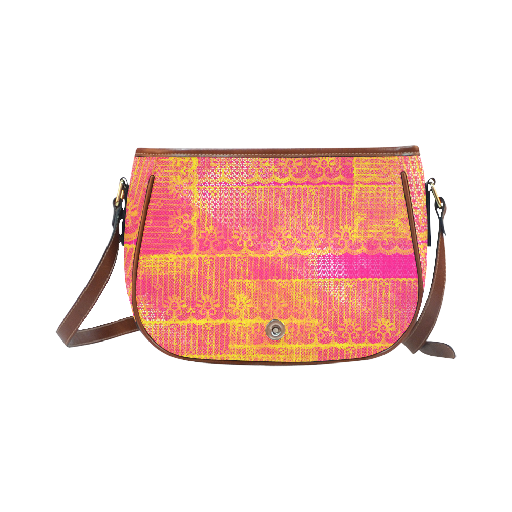 Yellow and Magenta Lace Texture Saddle Bag/Small (Model 1649) Full Customization