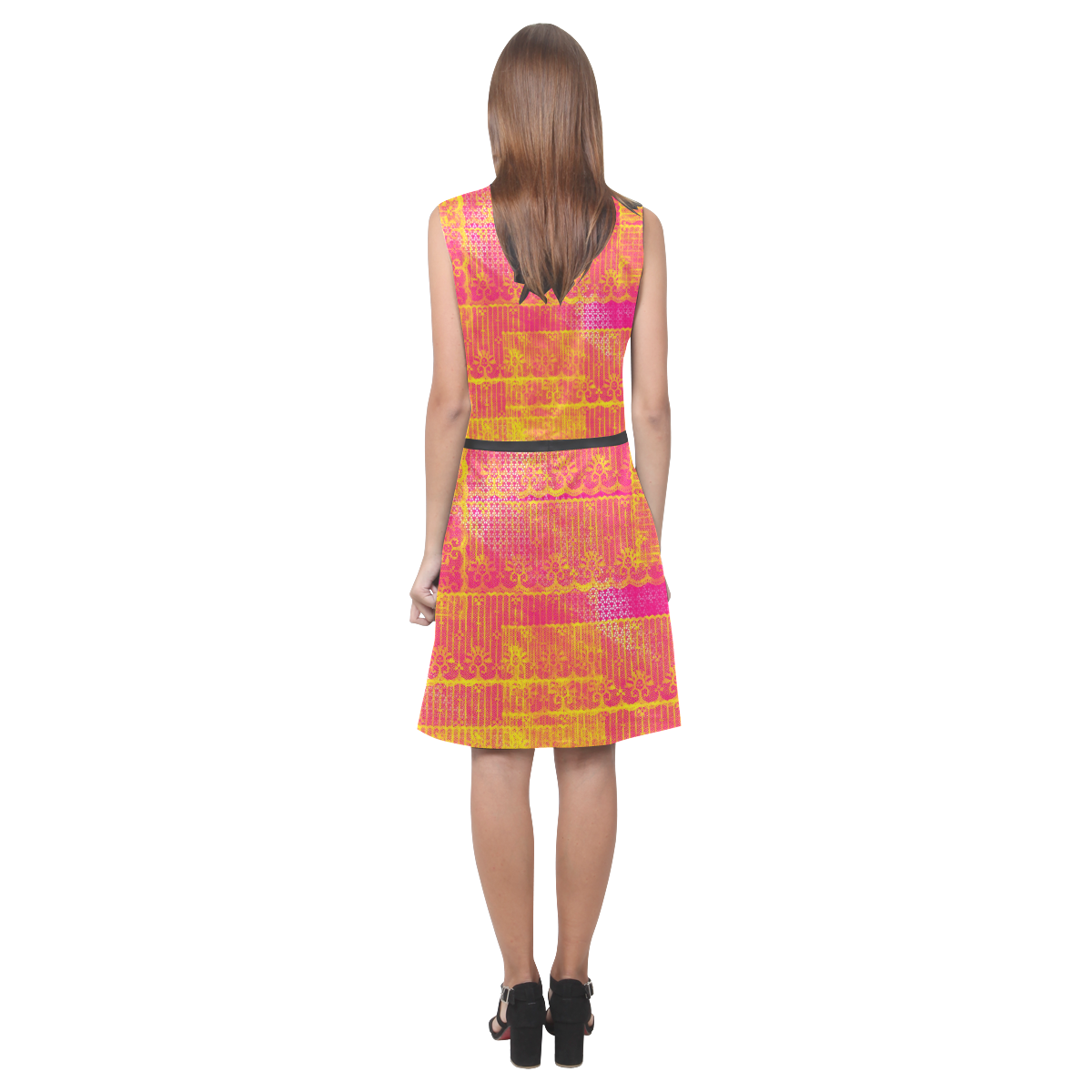 Yellow and Magenta Lace Texture Eos Women's Sleeveless Dress (Model D01)