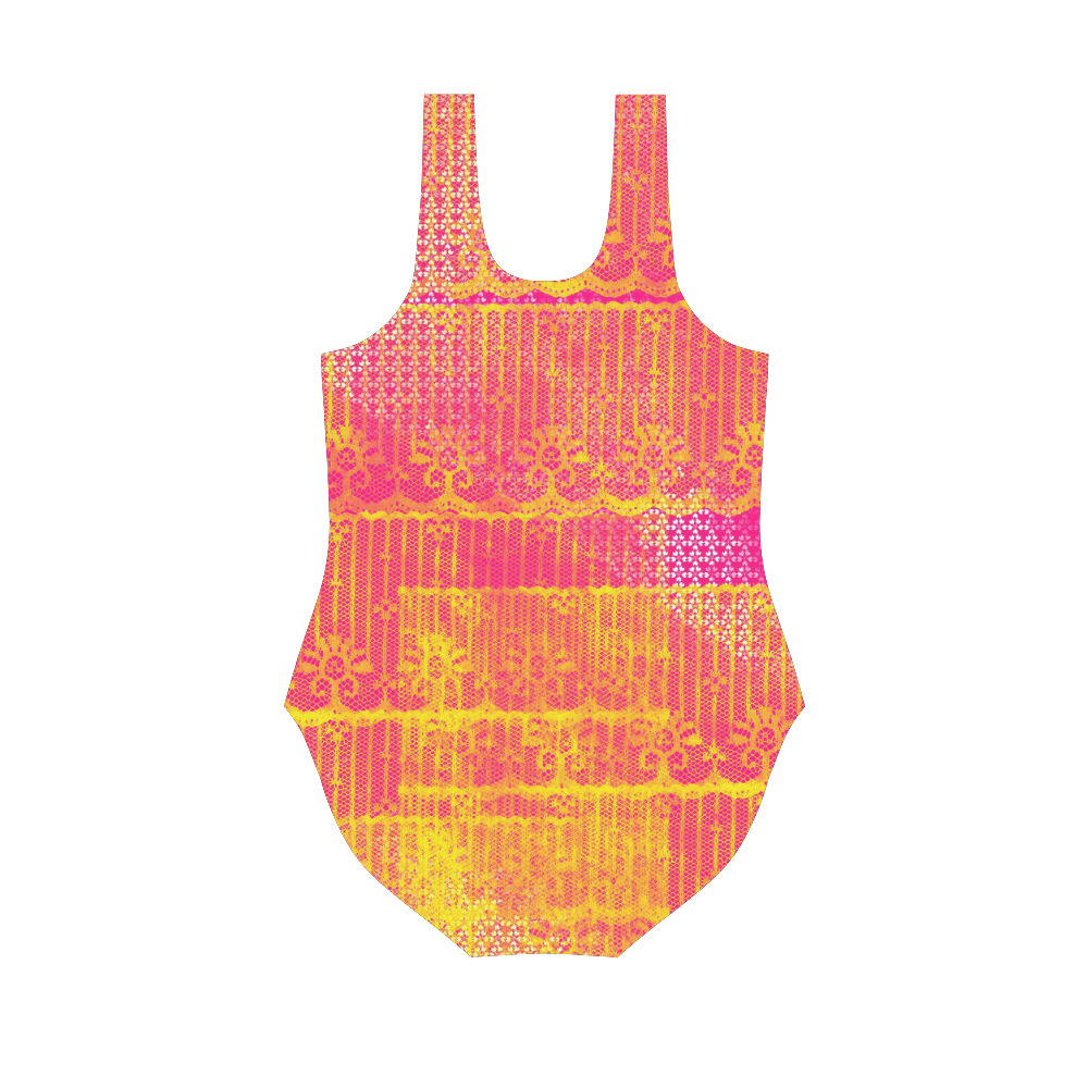 Yellow and Magenta Lace Texture Vest One Piece Swimsuit (Model S04)