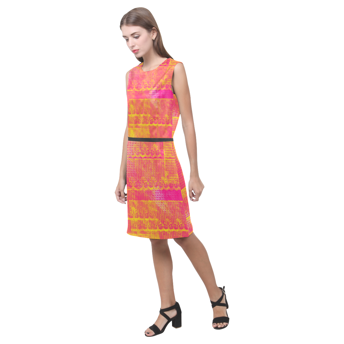 Yellow and Magenta Lace Texture Eos Women's Sleeveless Dress (Model D01)