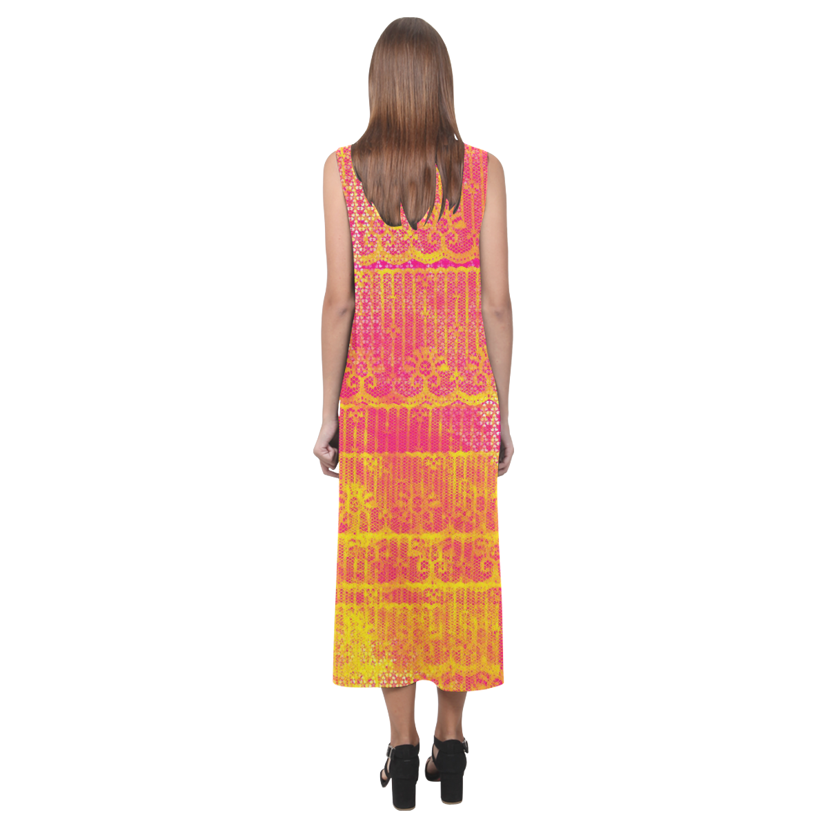 Yellow and Magenta Lace Texture Phaedra Sleeveless Open Fork Long Dress (Model D08)