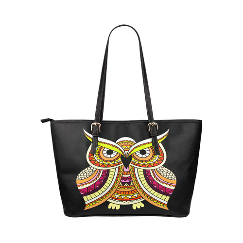 Yellow Green Red Ethnic Owl Nature Leather Tote Bag/Large (Model 1651)