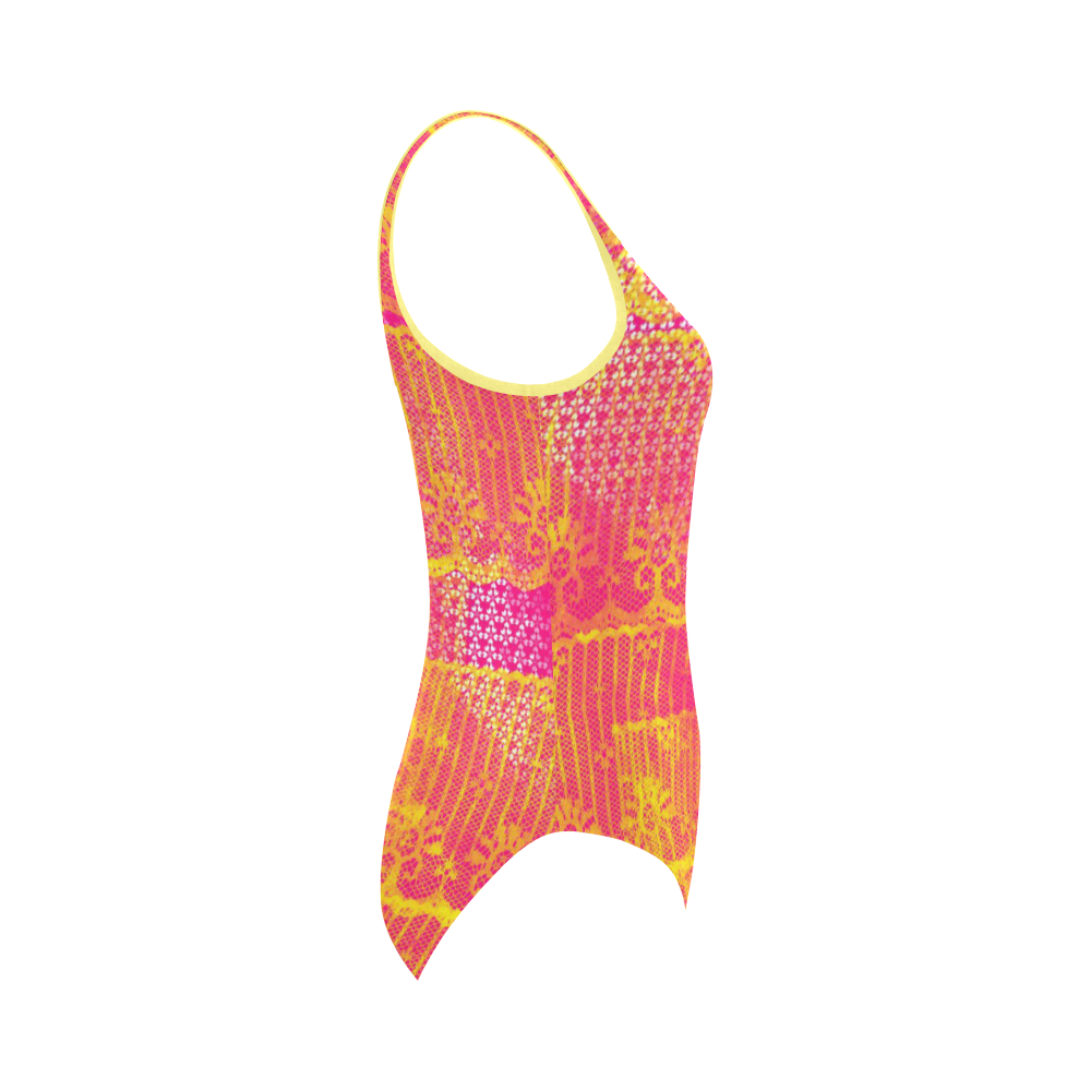 Yellow and Magenta Lace Texture Vest One Piece Swimsuit (Model S04)